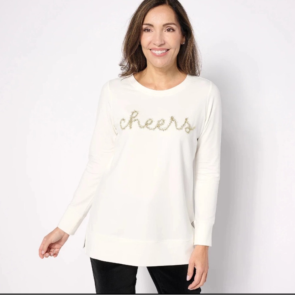 Belle by Kim Gravel Cheers Embellished Long Sleeve Knit Top